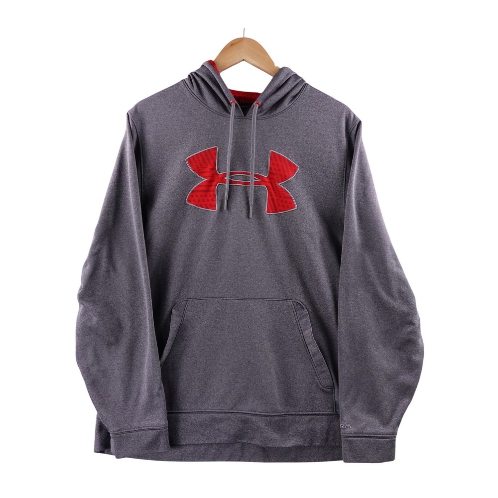 Under‎ Armour Mens Gray Red Logo Hoodie Loose Fit Size L Comfort Casual